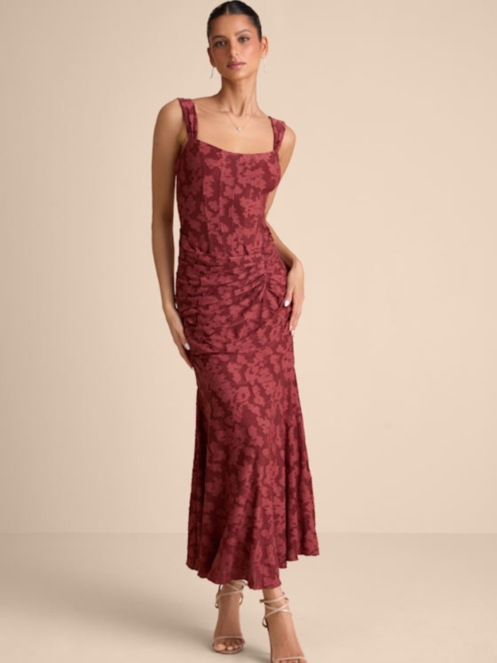Lulus Celeste Rust Red Floral Burnout Bustier Maxi Dress - Size M